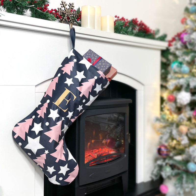 Personalised Christmas Stocking Navy and Pink Star and Tree