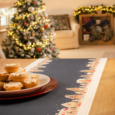 Christmas Table Runner Gingerbread Houses Blue