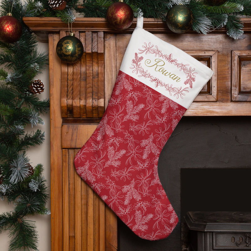 Personalised Christmas Stocking Red Holly Mistletoe