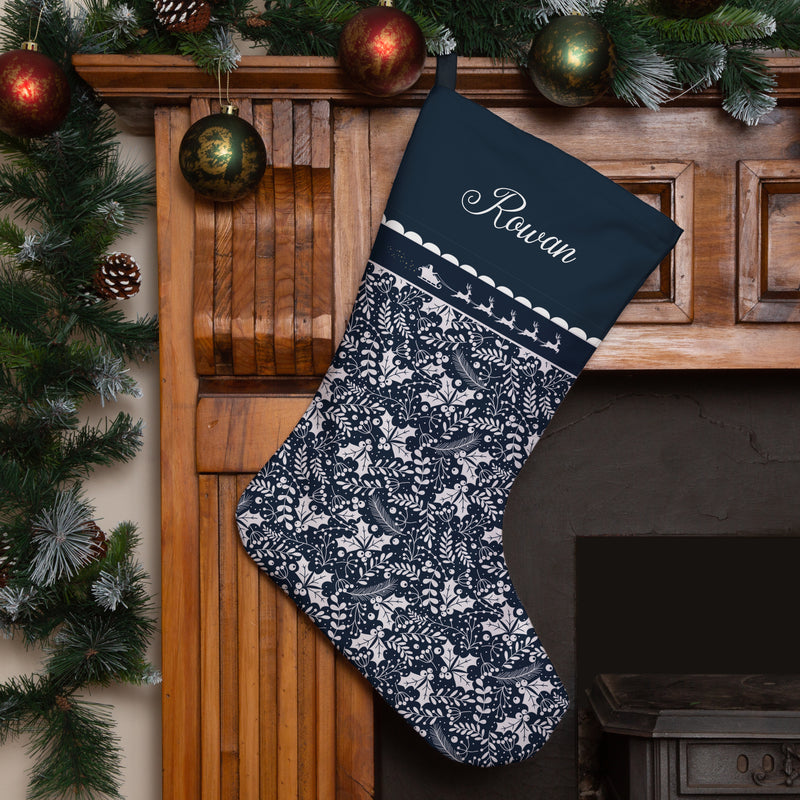 Personalised Christmas Stocking Blue Holly Santa Sleigh