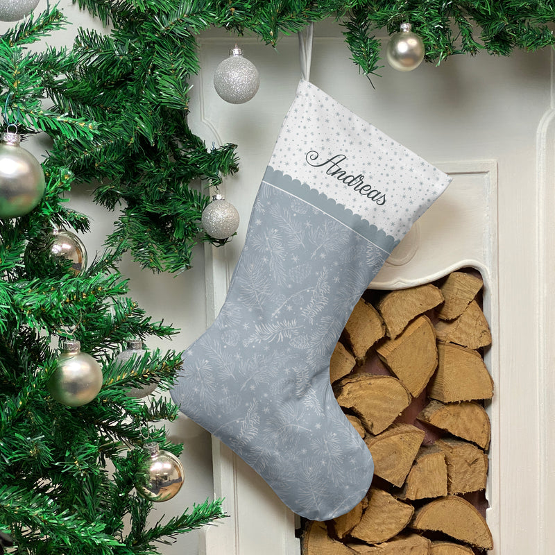 Personalised Christmas Stocking Blue Pinecones