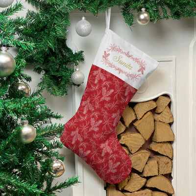 Personalised Christmas Stocking Red Holly Mistletoe