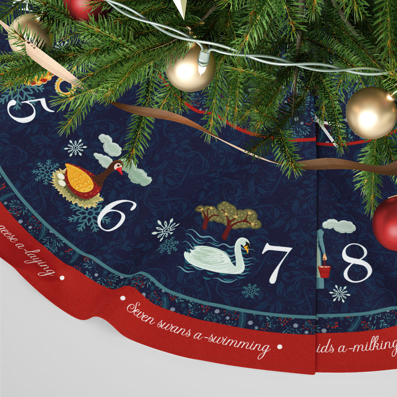 Personalised Christmas Tree Skirt - 12 Days of Christmas in Dark Blue