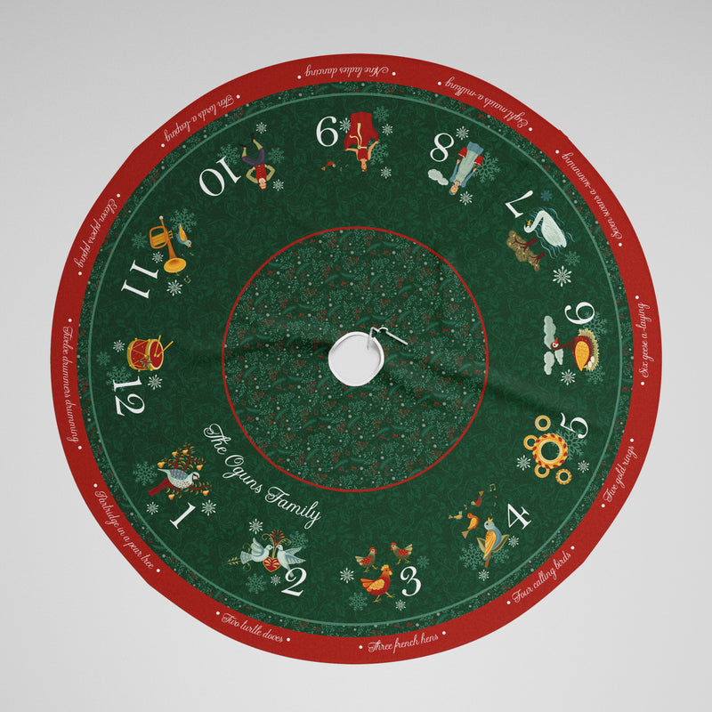 Personalised Christmas Tree Skirt - 12 Days of Christmas in Dark Green