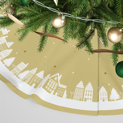 Personalised Christmas Tree Skirt - Santa's Skyline Soft Gold Winter Village Scene