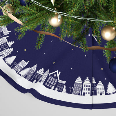Personalised Christmas Tree Skirt - Santa's Skyline Royal Blue Winter Village Scene