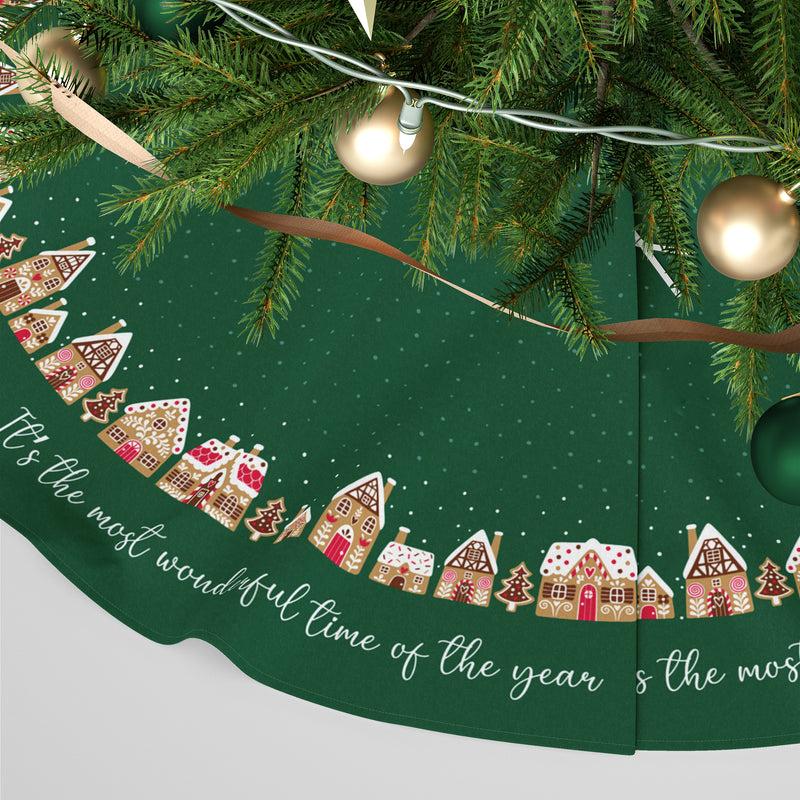 Personalised Christmas Tree Skirt - Green Gingerbread Houses