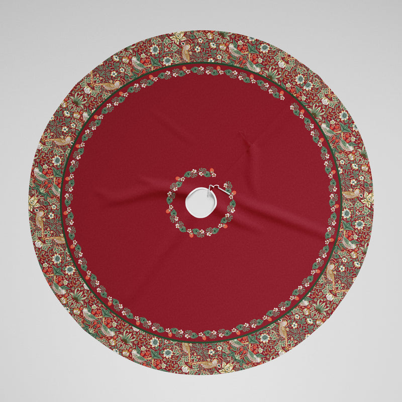 Personalised Christmas Tree Skirt - William Morris Strawberry Thief Print Burgundy Red