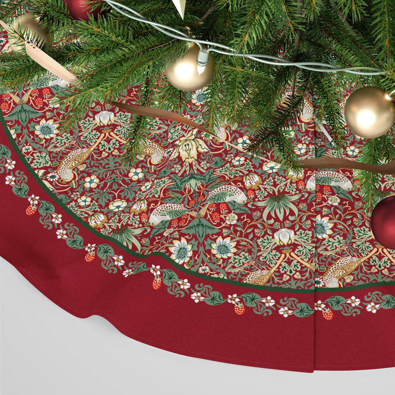 Personalised Christmas Tree Skirt - William Morris Strawberry Thief Print Burgundy Red