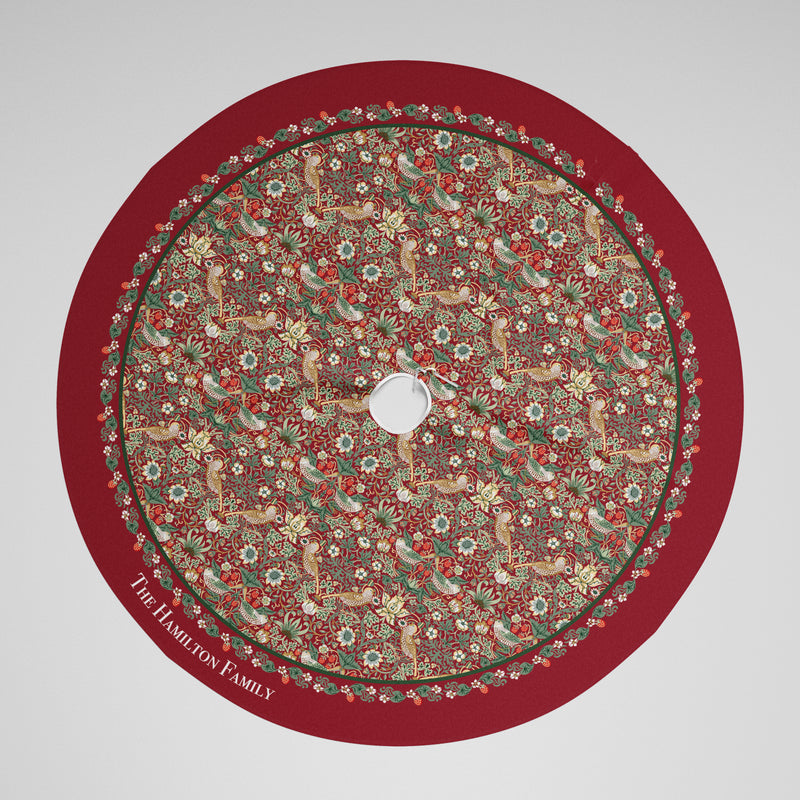 Personalised Christmas Tree Skirt - William Morris Strawberry Thief Print Burgundy Red