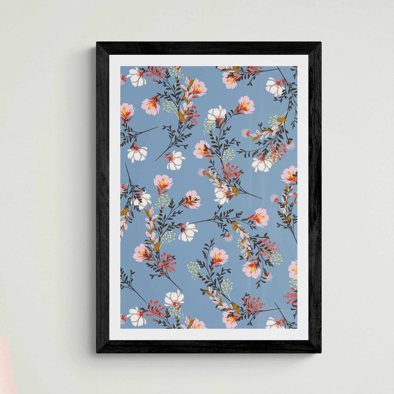 Steel Blue Asian Floral Wall Art