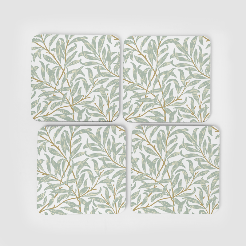 William Morris Willow Bough Sage & White Square Coasters