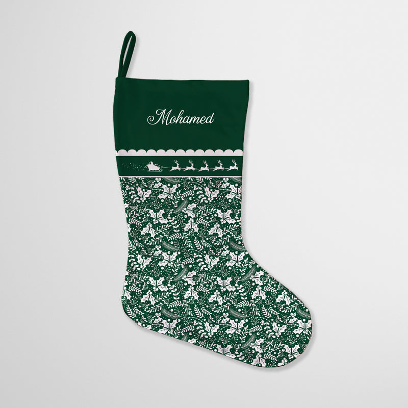 Personalised Christmas Stocking Green Holly Santa Sleigh