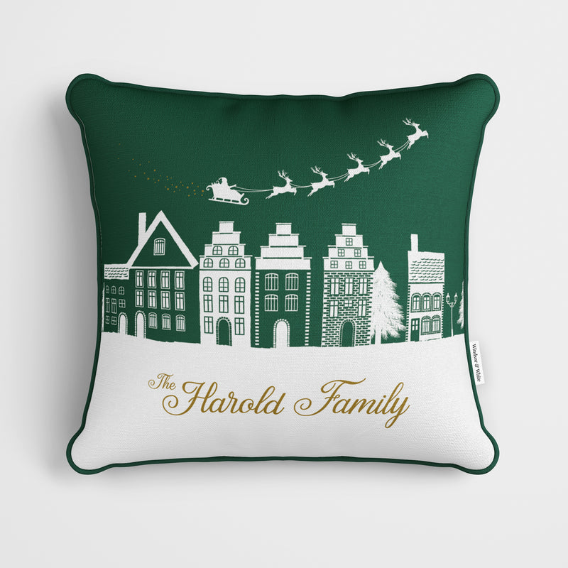 Personalised Green Village Christmas Cushion