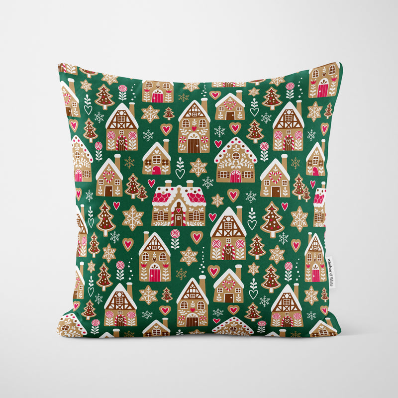 Green Gingerbread House Christmas Cushion