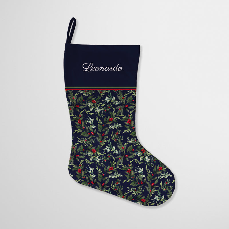 Personalised Christmas Stocking Holly Bush Navy Blue