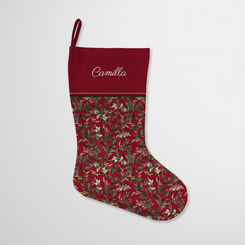 Personalised Christmas Stocking Holly Bush Dark Red