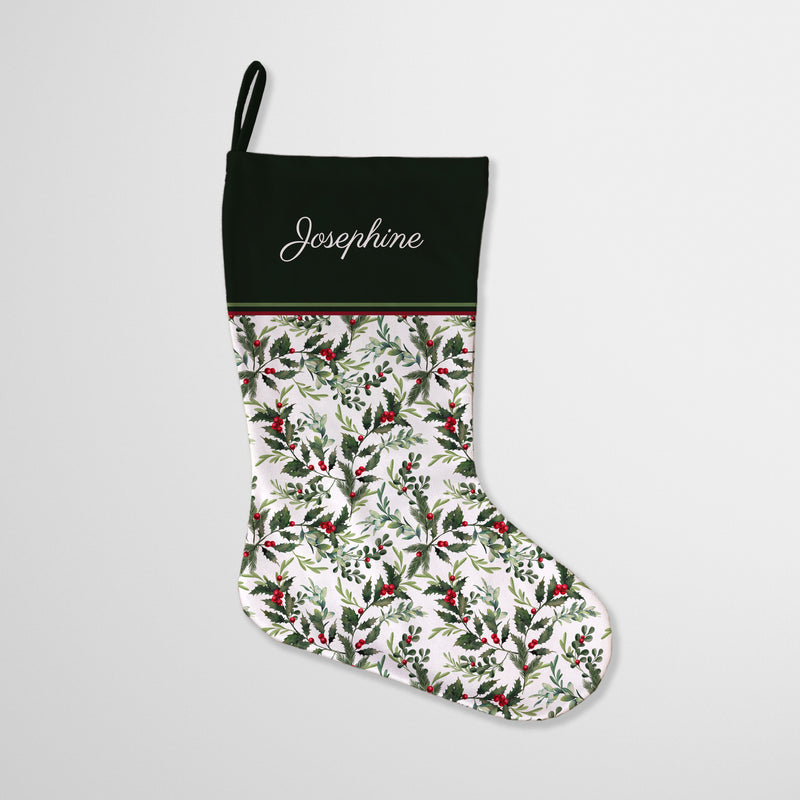 Personalised Christmas Stocking Holly Bush White & Green