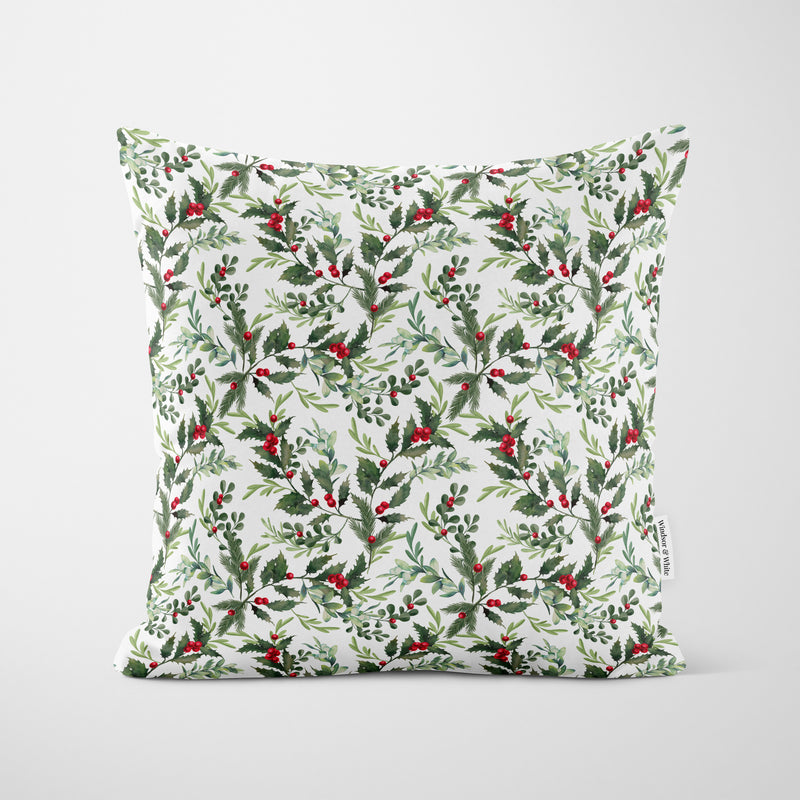 Holly Bush White & Green Christmas Cushion