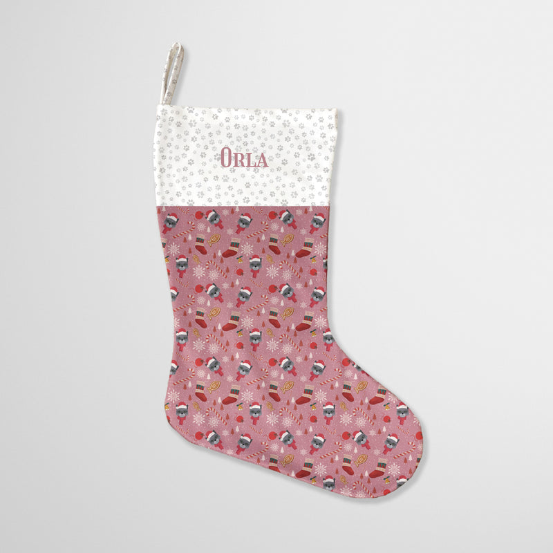 Personalised Grey Cat Print Christmas Stocking