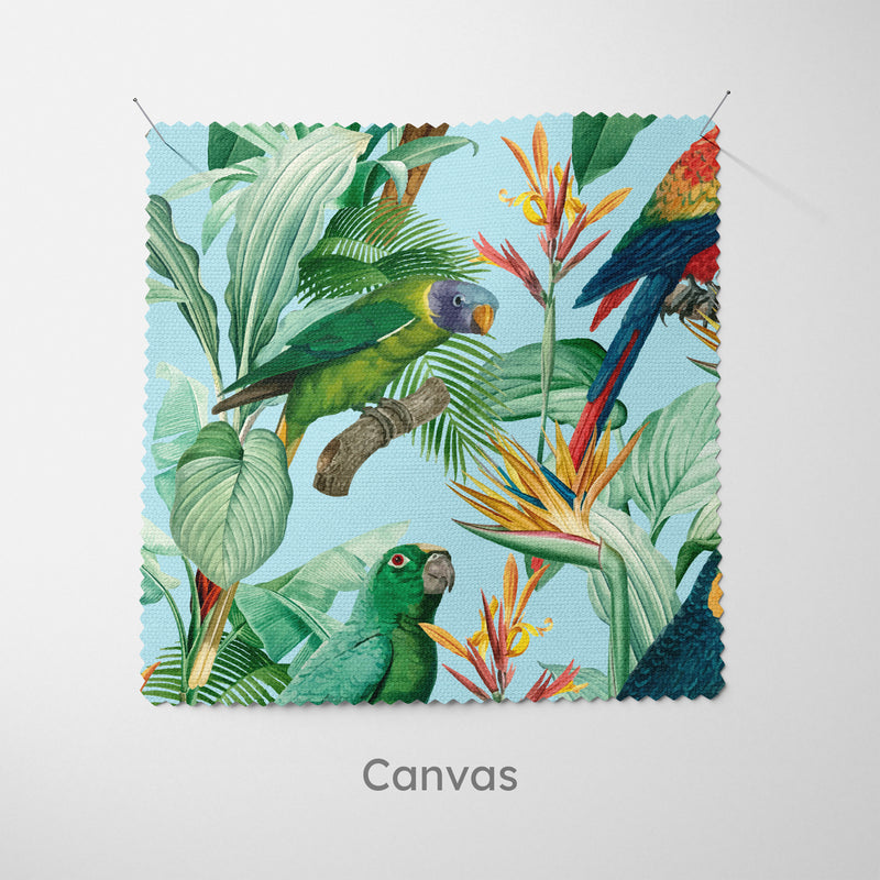 Tropical Birds Blue Fabric - Handmade Homeware, Made in Britain - Windsor and White