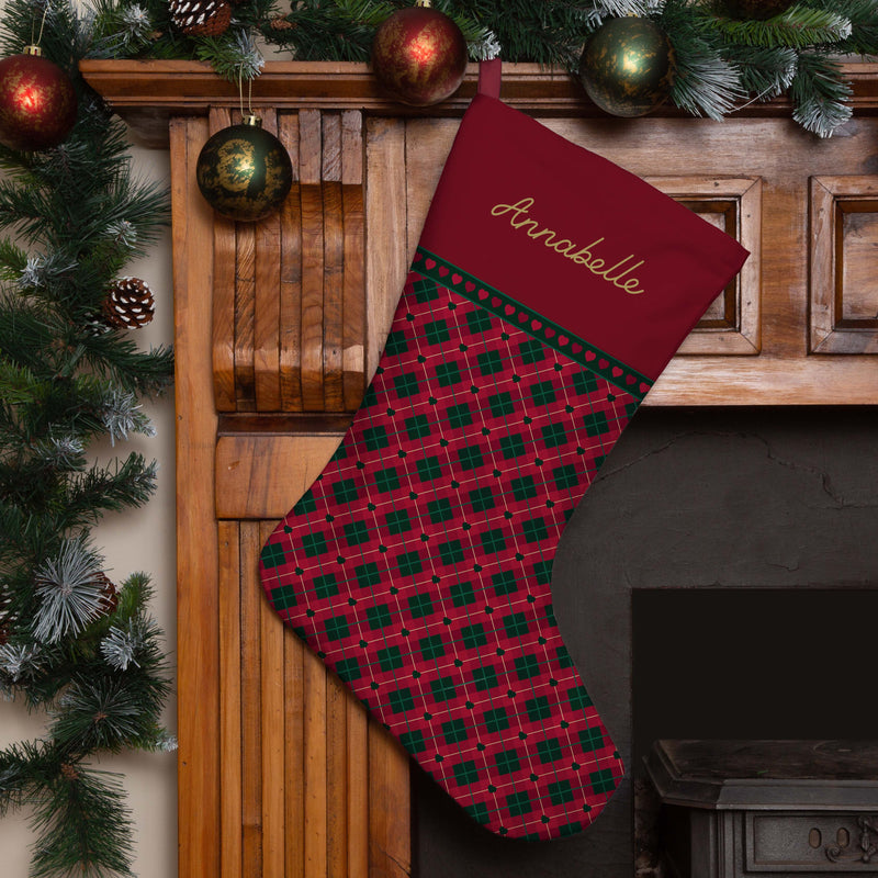 Personalised Christmas Stocking Red Tartan Hearts