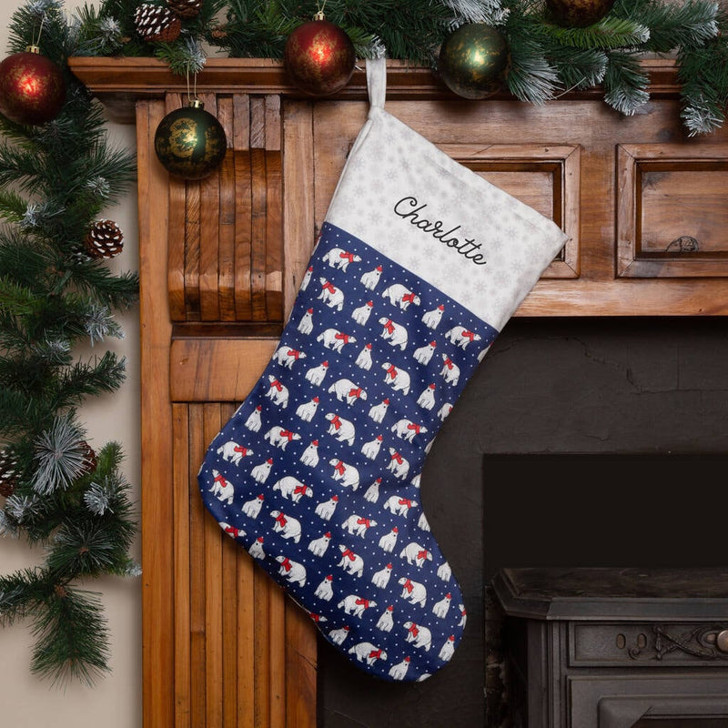 Personalised Christmas Stocking Polar Bears Navy Blue