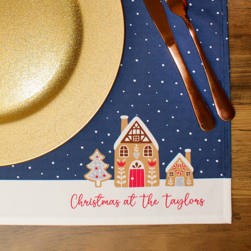 Personalised Christmas Table Place Mats Gingerbread Houses Blue