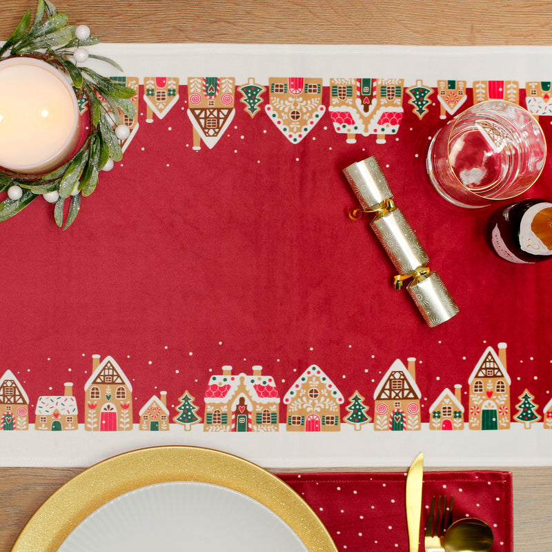 Christmas Table Runner Gingerbread Houses Red