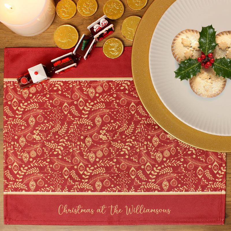 Personalised Christmas Table Place Mats Red Holly Filigree