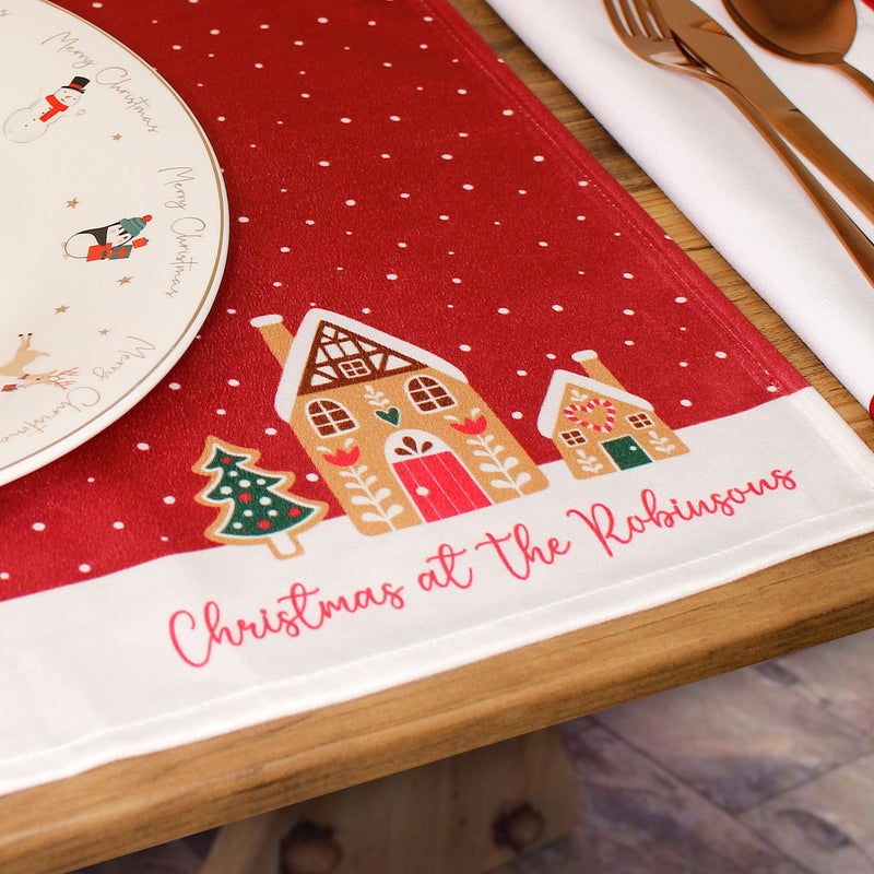 Personalised Christmas Table Place Mats Gingerbread Houses Red