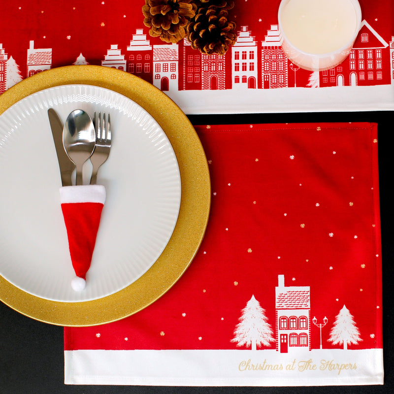 Personalised Christmas Table Place Mats Red Christmas Village