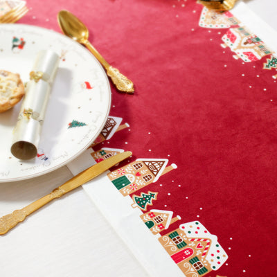 Christmas Table Runner Gingerbread Houses Red