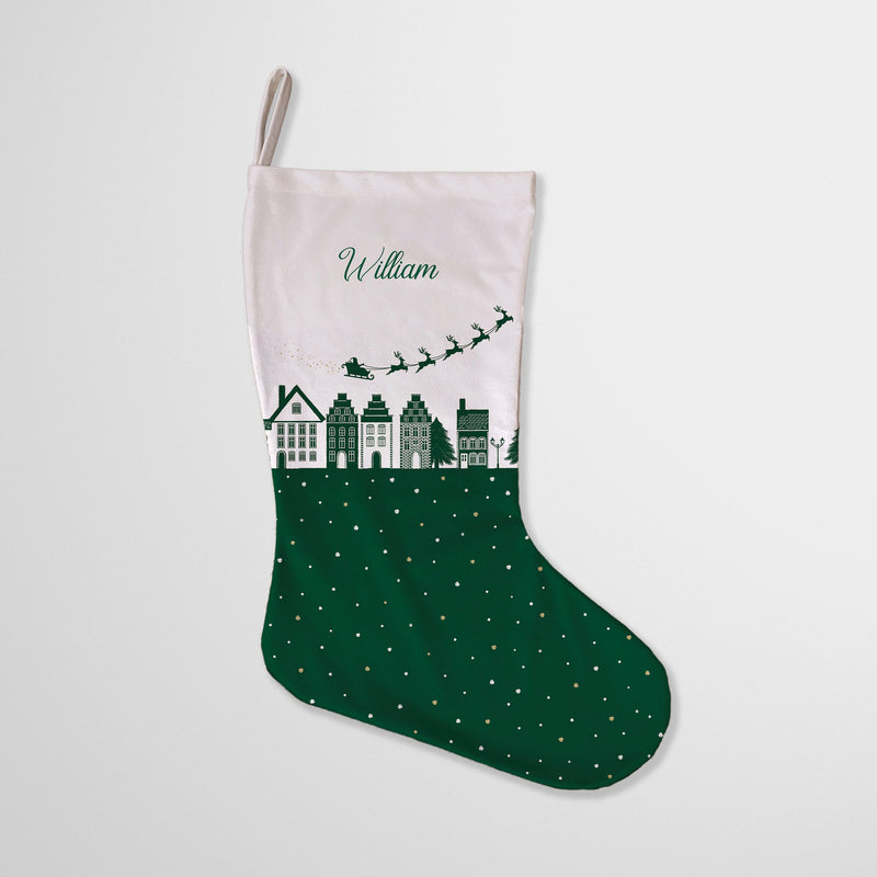 Personalised Christmas Stocking Winter Village Santa Sleigh Dark Green