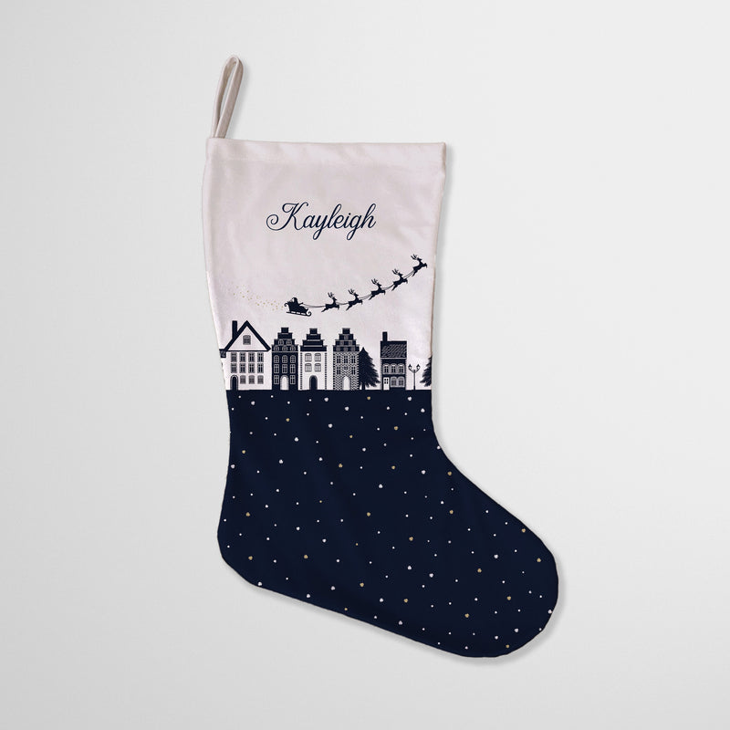 Personalised Christmas Stocking Winter Village Santa Sleigh Navy Blue