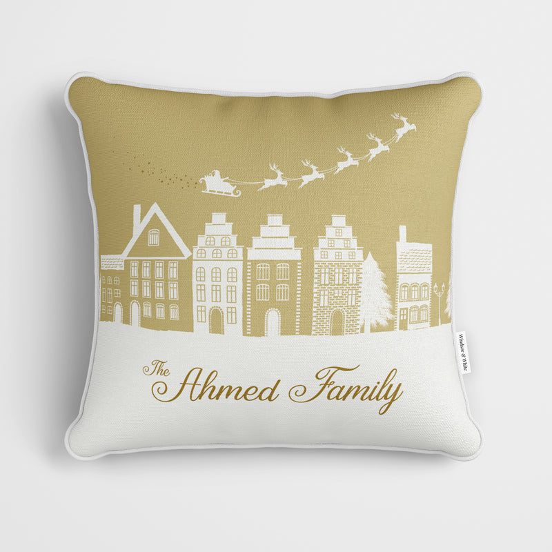 Personalised Gold Village Christmas Cushion