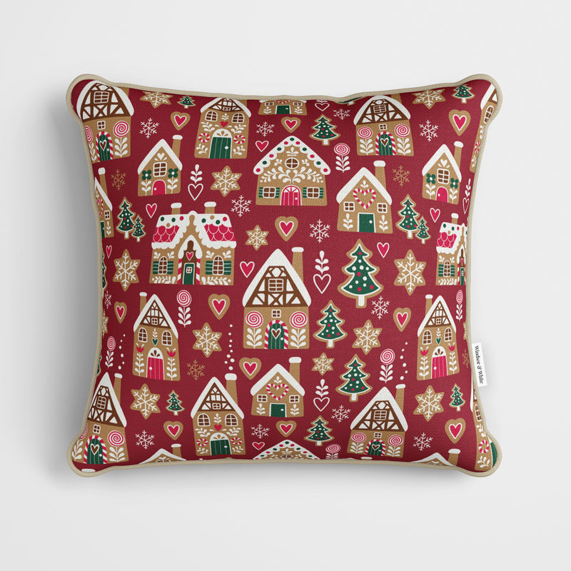 Red Gingerbread House Christmas Cushion