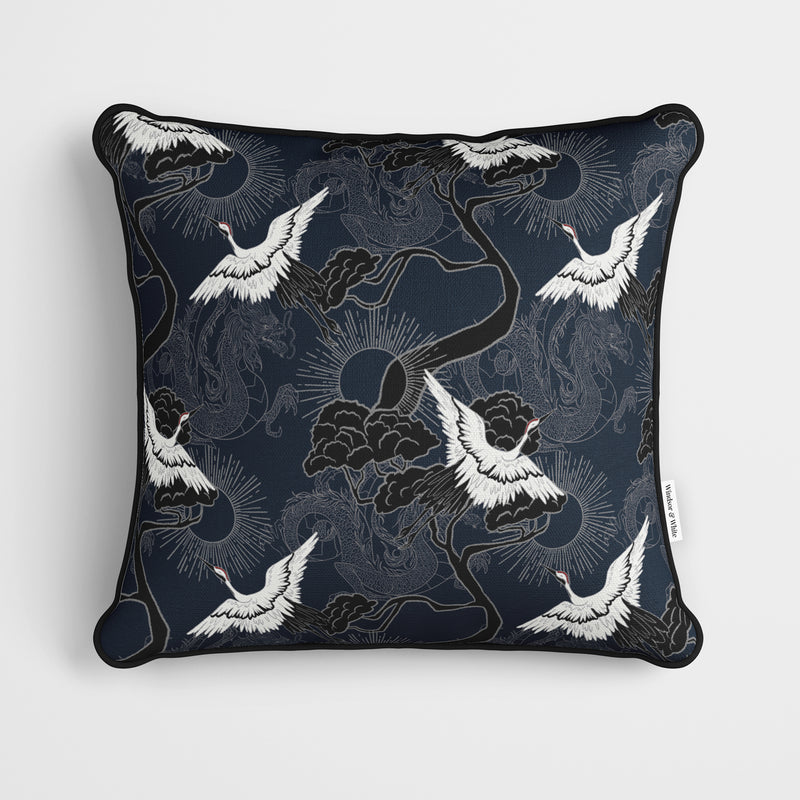 Crane & Dragon Pattern Blue Cushion - Handmade Homeware, Made in Britain - Windsor and White