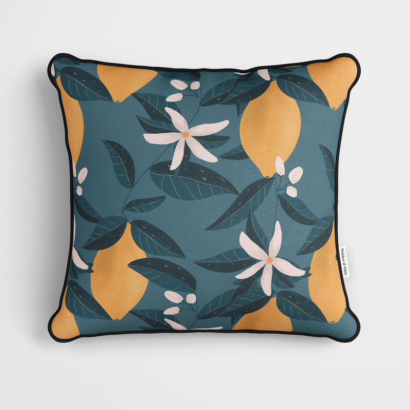 Lemon Tree Flower Print Blue Cushion - Handmade Homeware, Made in Britain - Windsor and White