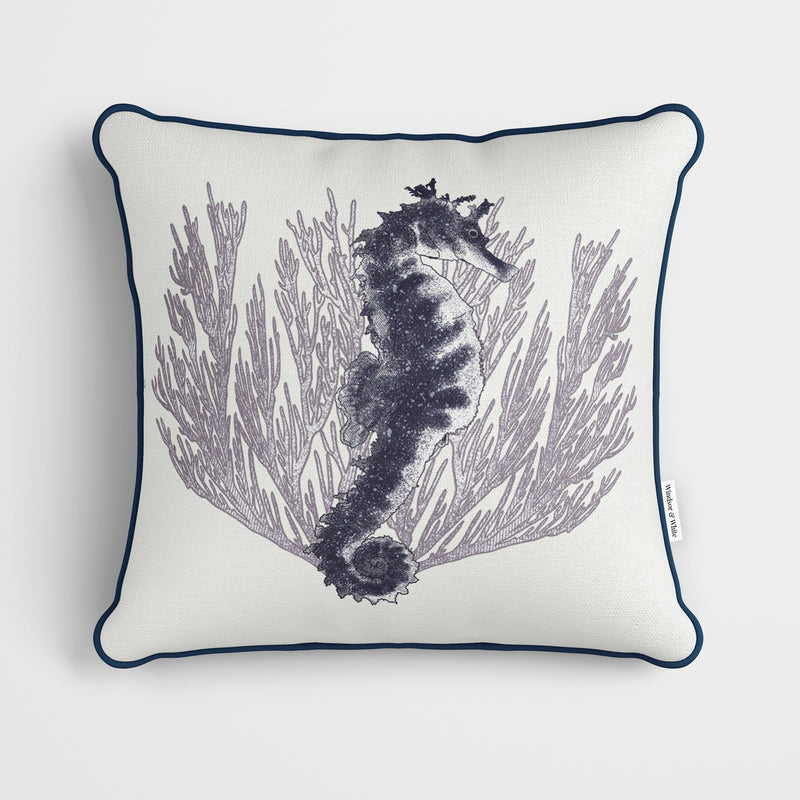 White Seahorse Coral Print Cushion - Handmade Homeware, Made in Britain - Windsor and White