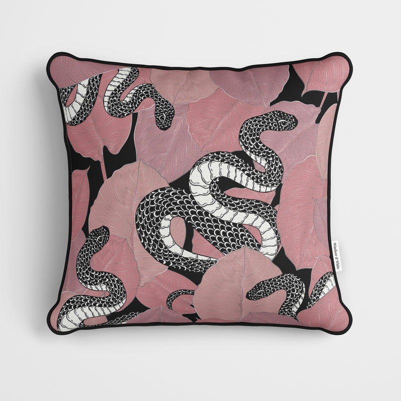 Pink Leaves Mono Snake Cushion - Handmade Homeware, Made in Britain - Windsor and White