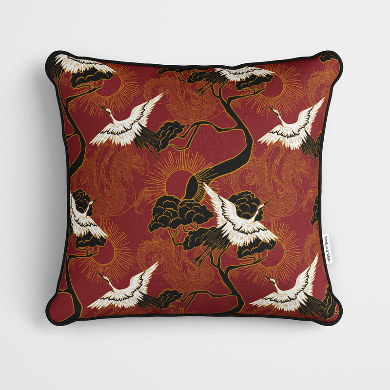 Crane & Dragon Pattern Red Cushion - Handmade Homeware, Made in Britain - Windsor and White