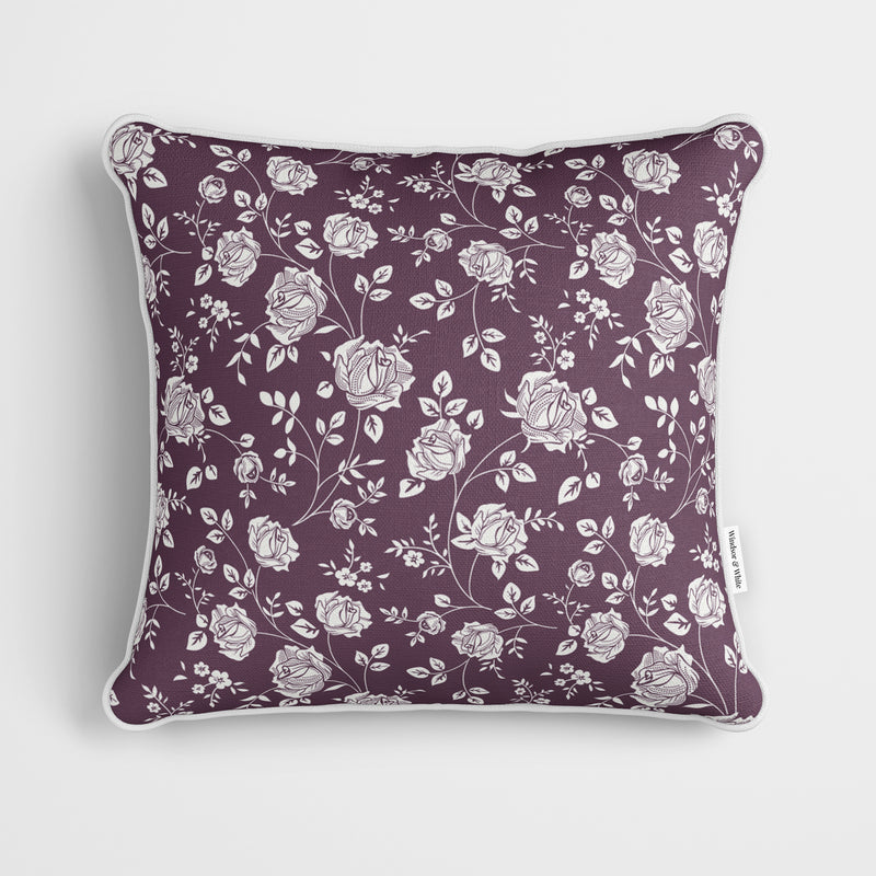 Dark Purple Rose Stencil Pattern Cushion - Handmade Homeware, Made in Britain - Windsor and White