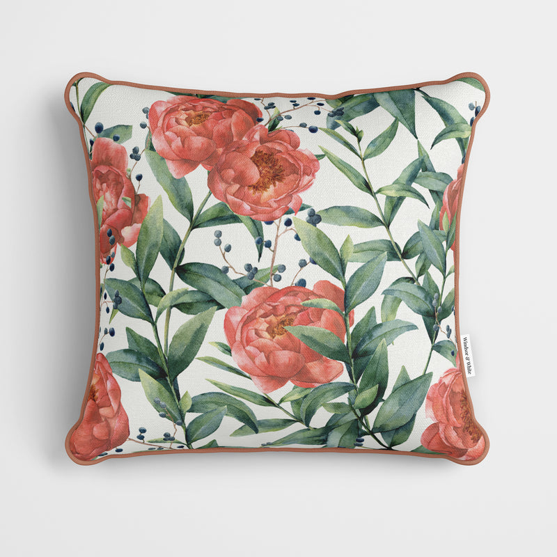 Orange Peony Floral Cushion - Handmade Homeware, Made in Britain - Windsor and White