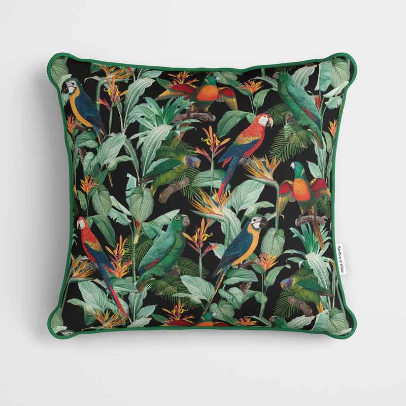 Tropical Birds Black Cushion - Handmade Homeware, Made in Britain - Windsor and White