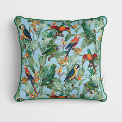 Tropical Birds Blue Cushion - Handmade Homeware, Made in Britain - Windsor and White