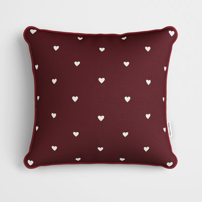 Maroon Polka Dot Hearts Cushion - Handmade Homeware, Made in Britain - Windsor and White