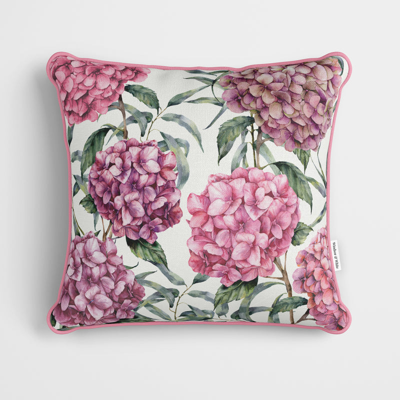 Pink Hydrangeas White Cushion - Handmade Homeware, Made in Britain - Windsor and White