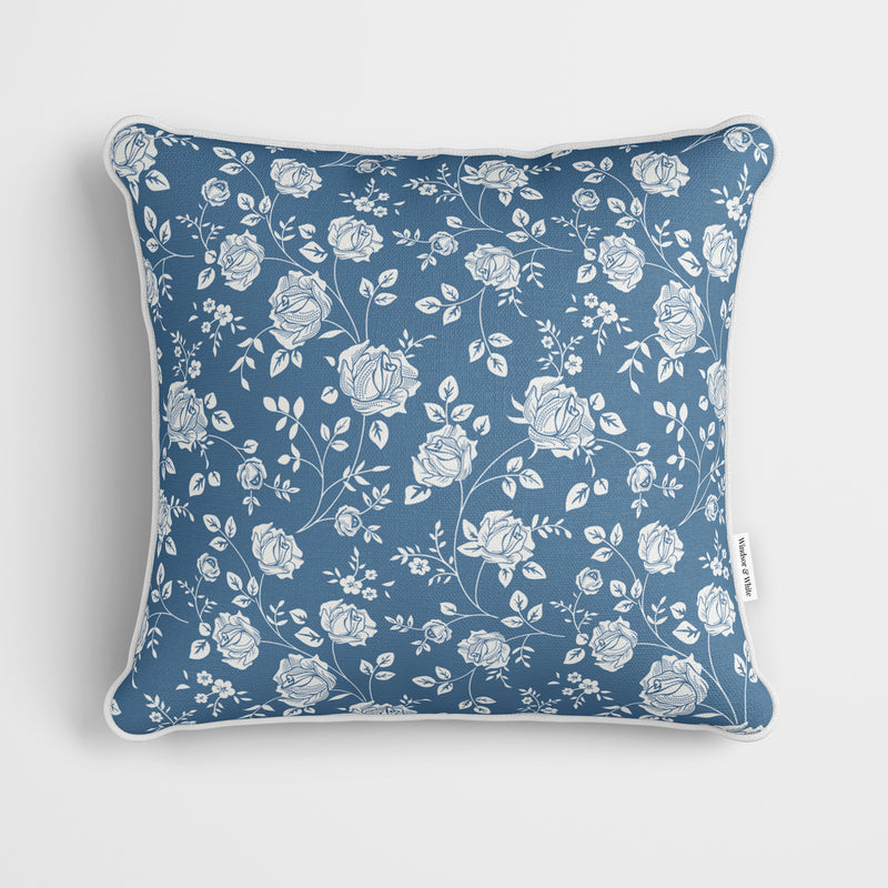 Blue Rose Stencil Pattern Cushion - Handmade Homeware, Made in Britain - Windsor and White