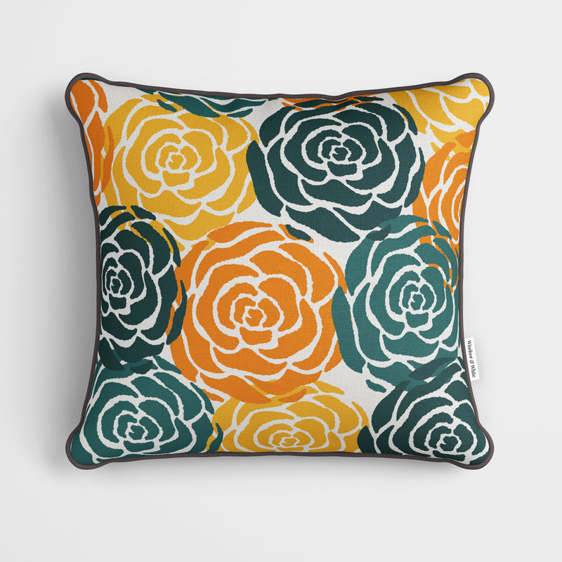 Rose Stamp Orange Green Cushion - Handmade Homeware, Made in Britain - Windsor and White